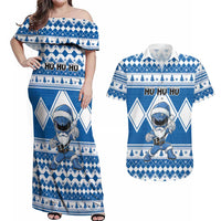 Personalized Power Blue Ranger Santa Claus Couples Matching Off Shoulder Maxi Dress and Hawaiian Shirt Funny Christmas - Wonder Print Shop