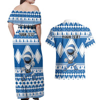 Personalized Power Blue Ranger Santa Claus Couples Matching Off Shoulder Maxi Dress and Hawaiian Shirt Funny Christmas - Wonder Print Shop