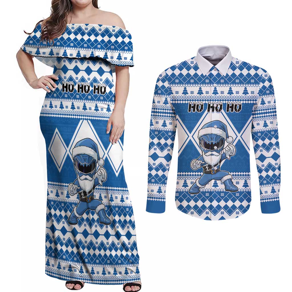Personalized Power Blue Ranger Santa Claus Couples Matching Off Shoulder Maxi Dress and Long Sleeve Button Shirt Funny Christmas - Wonder Print Shop