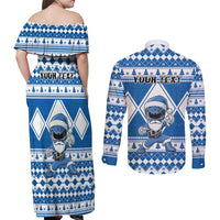 Personalized Power Blue Ranger Santa Claus Couples Matching Off Shoulder Maxi Dress and Long Sleeve Button Shirt Funny Christmas - Wonder Print Shop