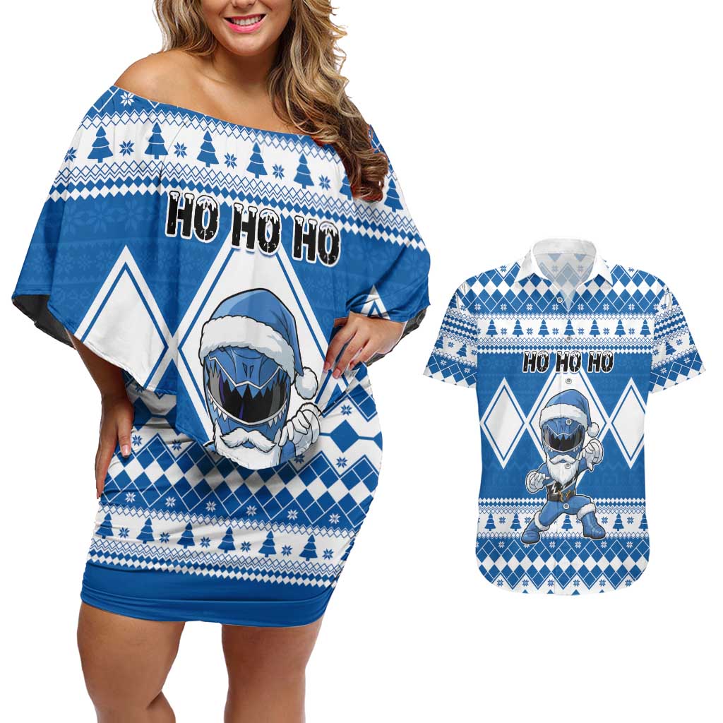 Personalized Power Blue Ranger Santa Claus Couples Matching Off Shoulder Short Dress and Hawaiian Shirt Funny Christmas - Wonder Print Shop