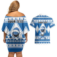 Personalized Power Blue Ranger Santa Claus Couples Matching Off Shoulder Short Dress and Hawaiian Shirt Funny Christmas - Wonder Print Shop