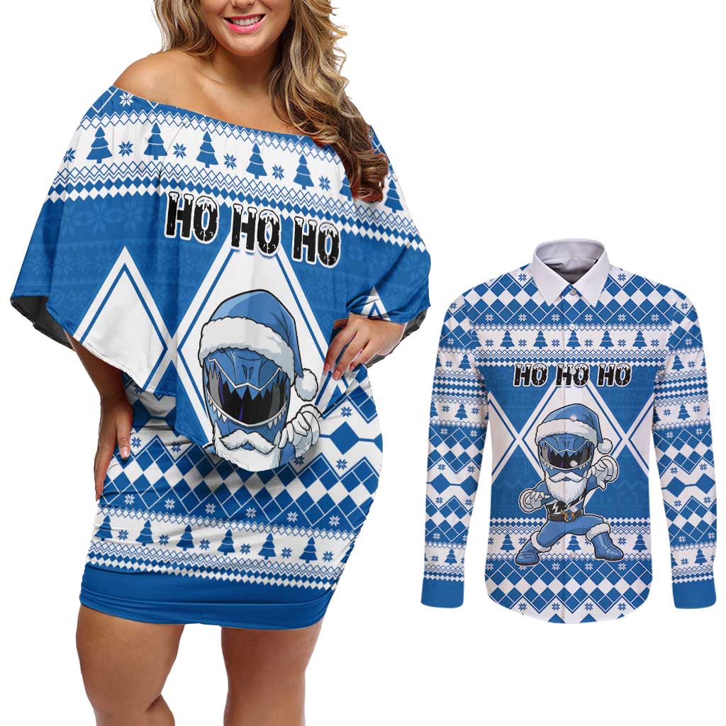 Personalized Power Blue Ranger Santa Claus Couples Matching Off Shoulder Short Dress and Long Sleeve Button Shirt Funny Christmas - Wonder Print Shop