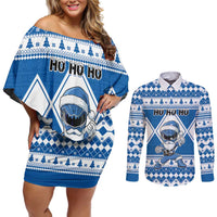 Personalized Power Blue Ranger Santa Claus Couples Matching Off Shoulder Short Dress and Long Sleeve Button Shirt Funny Christmas - Wonder Print Shop