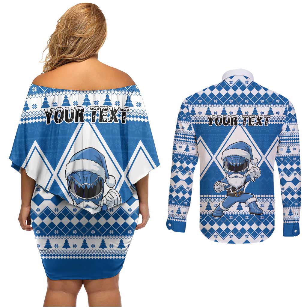 Personalized Power Blue Ranger Santa Claus Couples Matching Off Shoulder Short Dress and Long Sleeve Button Shirt Funny Christmas - Wonder Print Shop