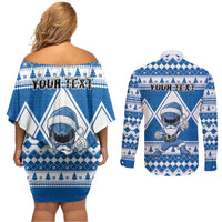 Personalized Power Blue Ranger Santa Claus Couples Matching Off Shoulder Short Dress and Long Sleeve Button Shirt Funny Christmas - Wonder Print Shop