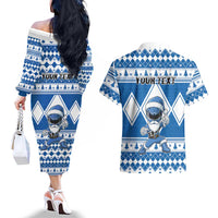 Personalized Power Blue Ranger Santa Claus Couples Matching Off The Shoulder Long Sleeve Dress and Hawaiian Shirt Funny Christmas - Wonder Print Shop
