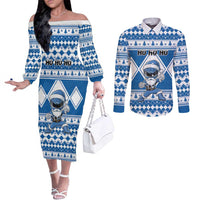 Personalized Power Blue Ranger Santa Claus Couples Matching Off The Shoulder Long Sleeve Dress and Long Sleeve Button Shirt Funny Christmas - Wonder Print Shop