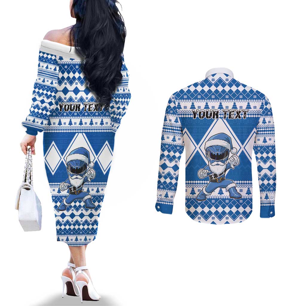 Personalized Power Blue Ranger Santa Claus Couples Matching Off The Shoulder Long Sleeve Dress and Long Sleeve Button Shirt Funny Christmas - Wonder Print Shop