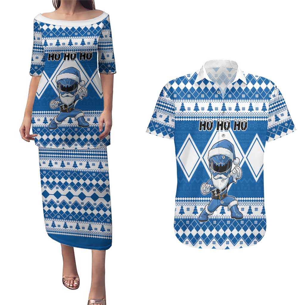 Personalized Power Blue Ranger Santa Claus Couples Matching Puletasi and Hawaiian Shirt Funny Christmas - Wonder Print Shop