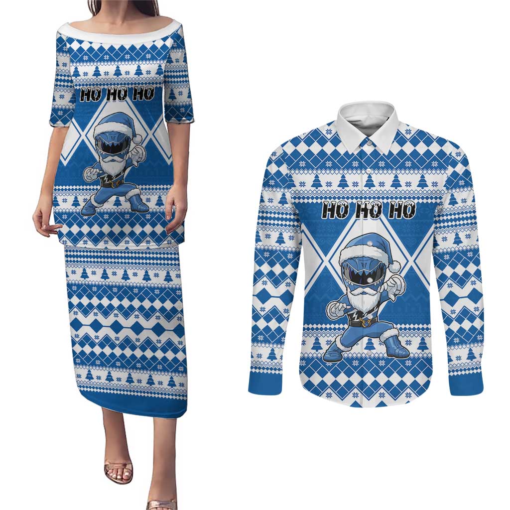 Personalized Power Blue Ranger Santa Claus Couples Matching Puletasi and Long Sleeve Button Shirt Funny Christmas - Wonder Print Shop