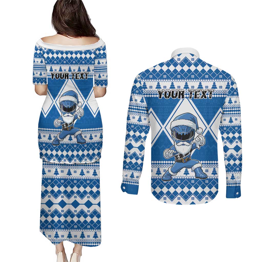 Personalized Power Blue Ranger Santa Claus Couples Matching Puletasi and Long Sleeve Button Shirt Funny Christmas - Wonder Print Shop