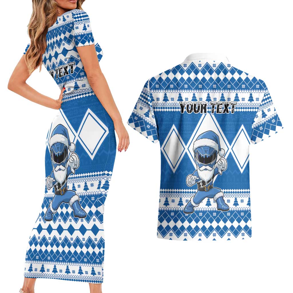 Personalized Power Blue Ranger Santa Claus Couples Matching Short Sleeve Bodycon Dress and Hawaiian Shirt Funny Christmas - Wonder Print Shop