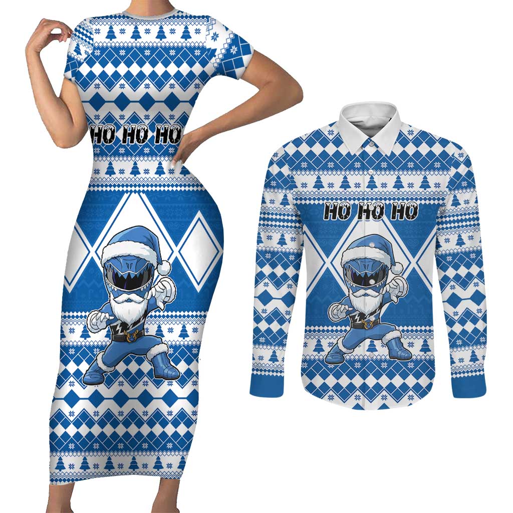 Personalized Power Blue Ranger Santa Claus Couples Matching Short Sleeve Bodycon Dress and Long Sleeve Button Shirt Funny Christmas - Wonder Print Shop