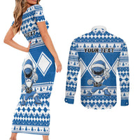 Personalized Power Blue Ranger Santa Claus Couples Matching Short Sleeve Bodycon Dress and Long Sleeve Button Shirt Funny Christmas - Wonder Print Shop