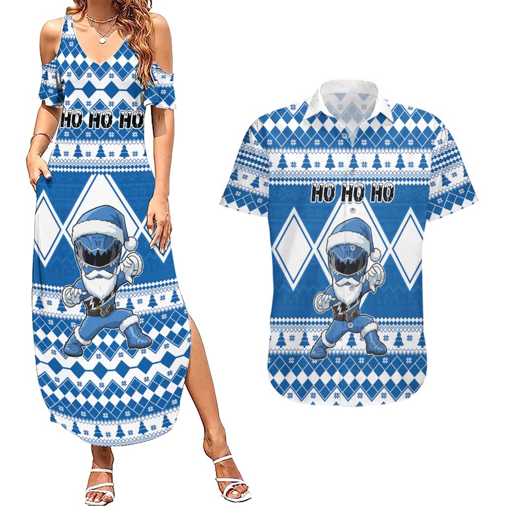 Personalized Power Blue Ranger Santa Claus Couples Matching Summer Maxi Dress and Hawaiian Shirt Funny Christmas - Wonder Print Shop