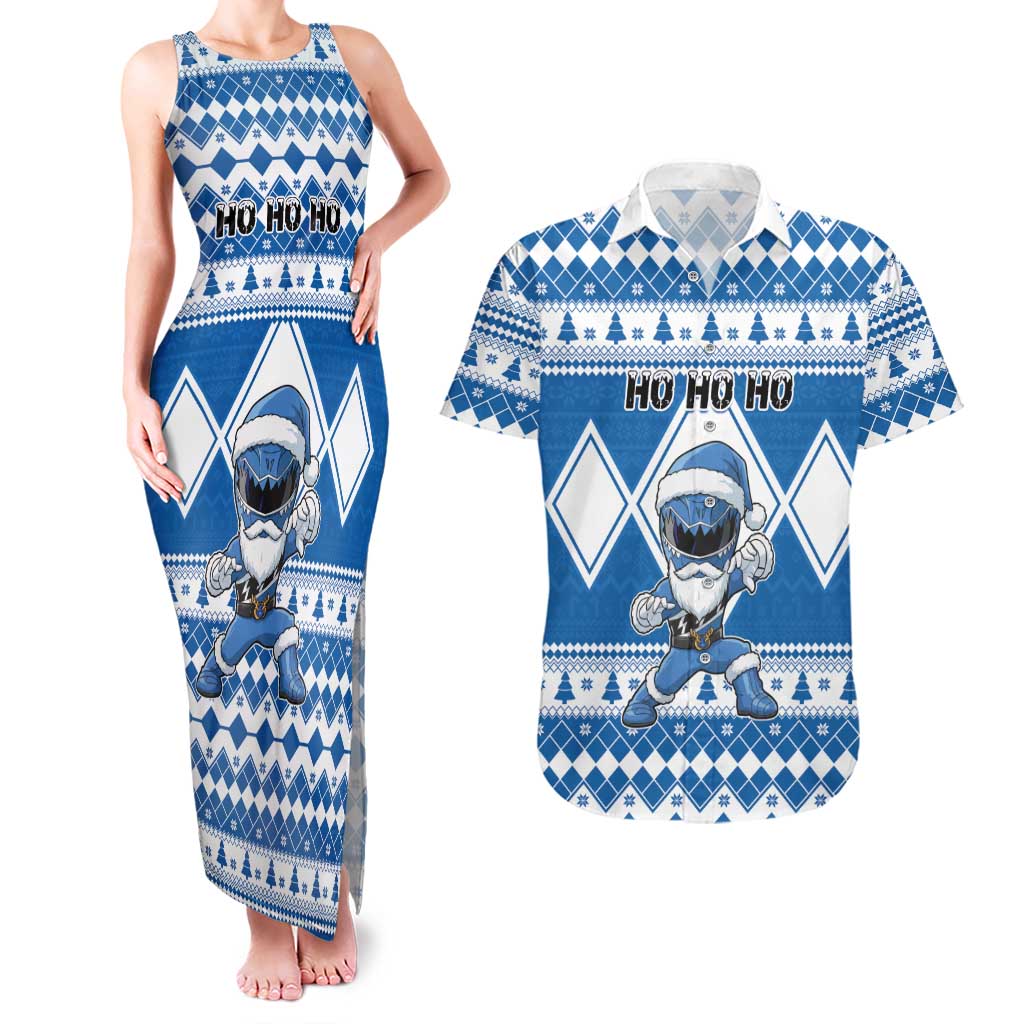 Personalized Power Blue Ranger Santa Claus Couples Matching Tank Maxi Dress and Hawaiian Shirt Funny Christmas - Wonder Print Shop