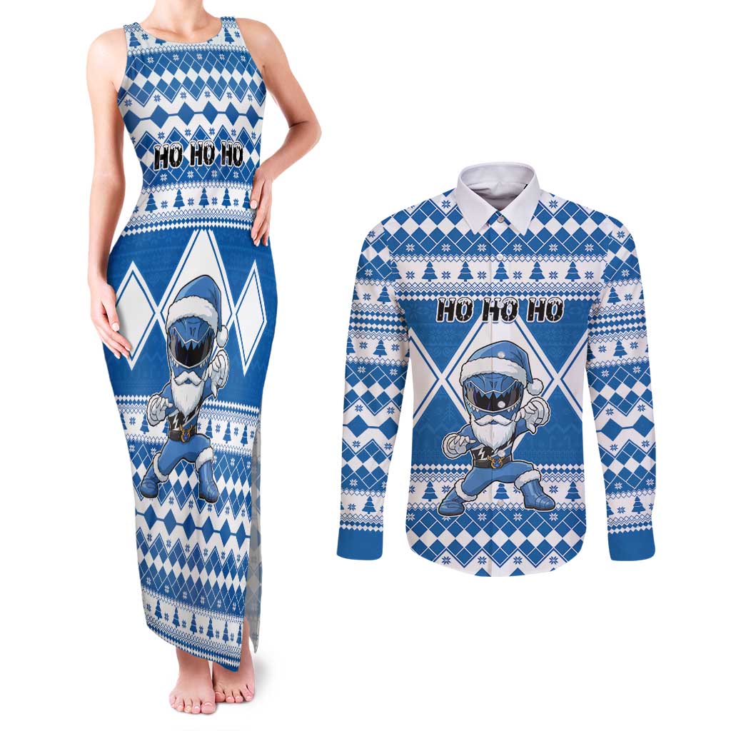 Personalized Power Blue Ranger Santa Claus Couples Matching Tank Maxi Dress and Long Sleeve Button Shirt Funny Christmas - Wonder Print Shop