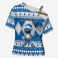 Personalized Power Blue Ranger Santa Claus Cross Shoulder Shirt Funny Christmas - Wonder Print Shop
