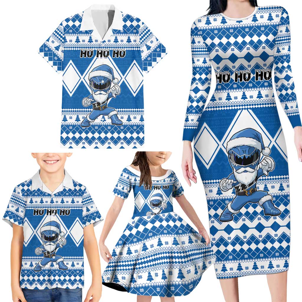 Personalized Power Blue Ranger Santa Claus Family Matching Long Sleeve Bodycon Dress and Hawaiian Shirt Funny Christmas - Wonder Print Shop