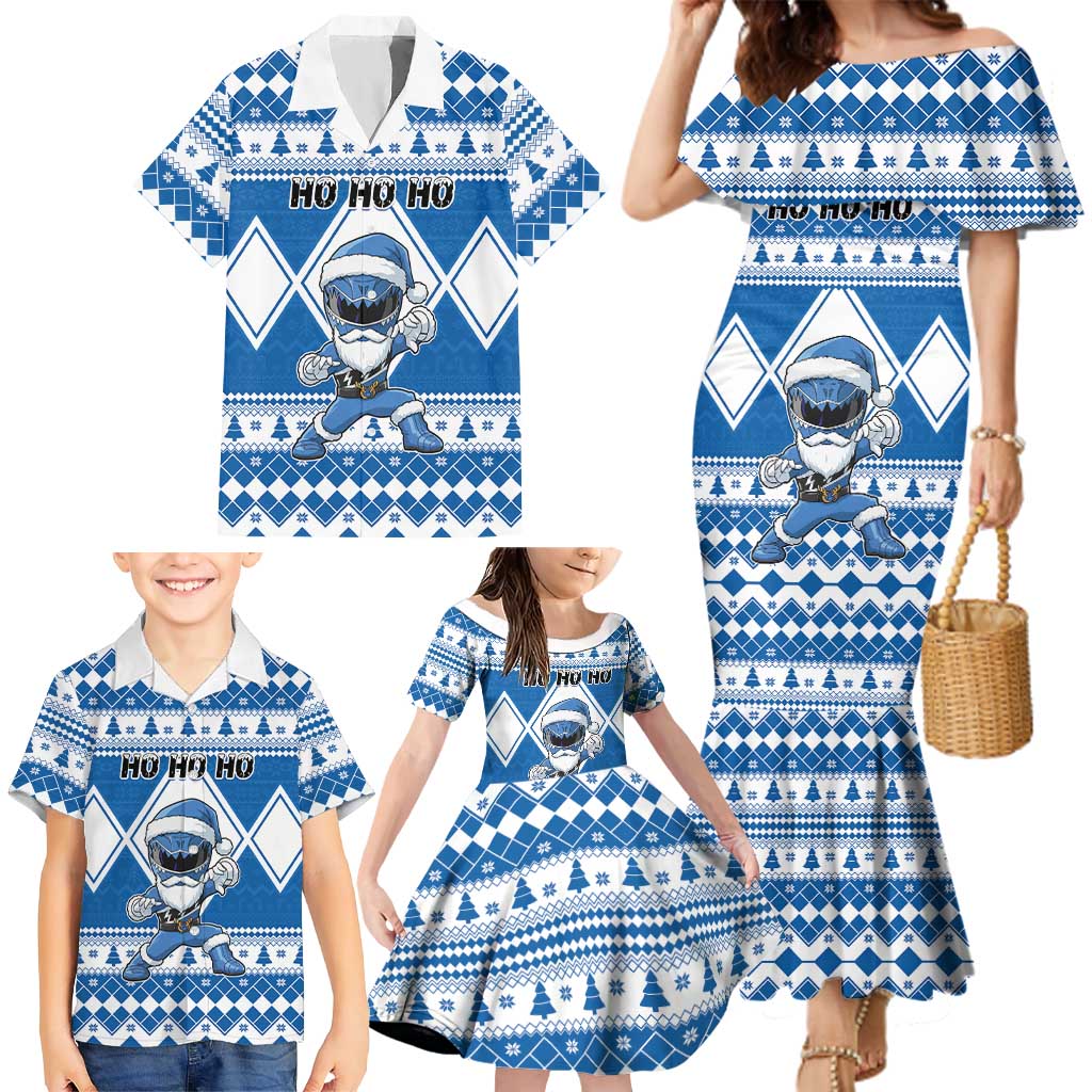 Personalized Power Blue Ranger Santa Claus Family Matching Mermaid Dress and Hawaiian Shirt Funny Christmas - Wonder Print Shop