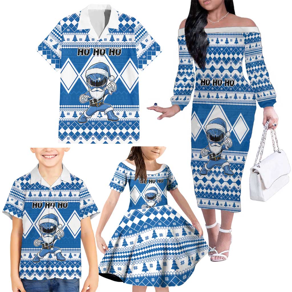 Personalized Power Blue Ranger Santa Claus Family Matching Off The Shoulder Long Sleeve Dress and Hawaiian Shirt Funny Christmas - Wonder Print Shop