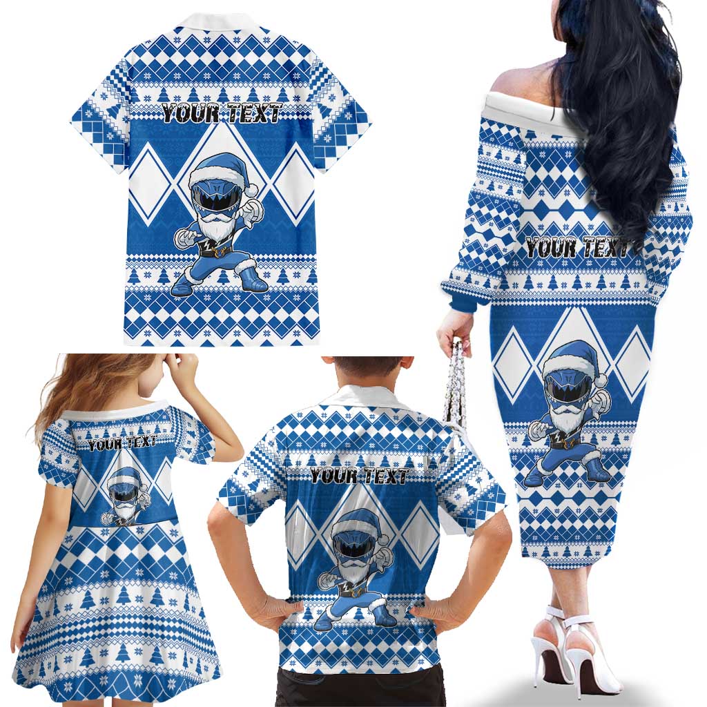 Personalized Power Blue Ranger Santa Claus Family Matching Off The Shoulder Long Sleeve Dress and Hawaiian Shirt Funny Christmas - Wonder Print Shop