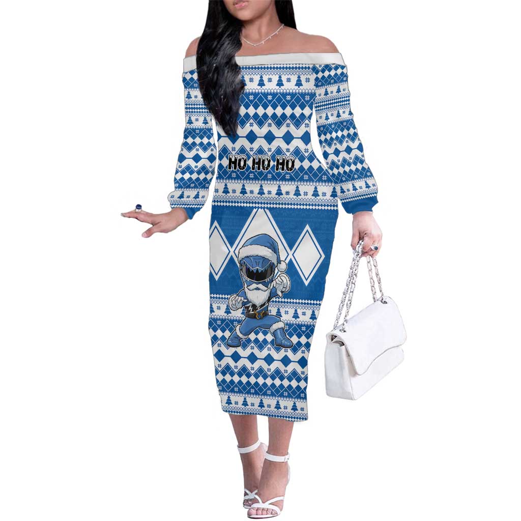 Personalized Power Blue Ranger Santa Claus Family Matching Off The Shoulder Long Sleeve Dress and Hawaiian Shirt Funny Christmas - Wonder Print Shop