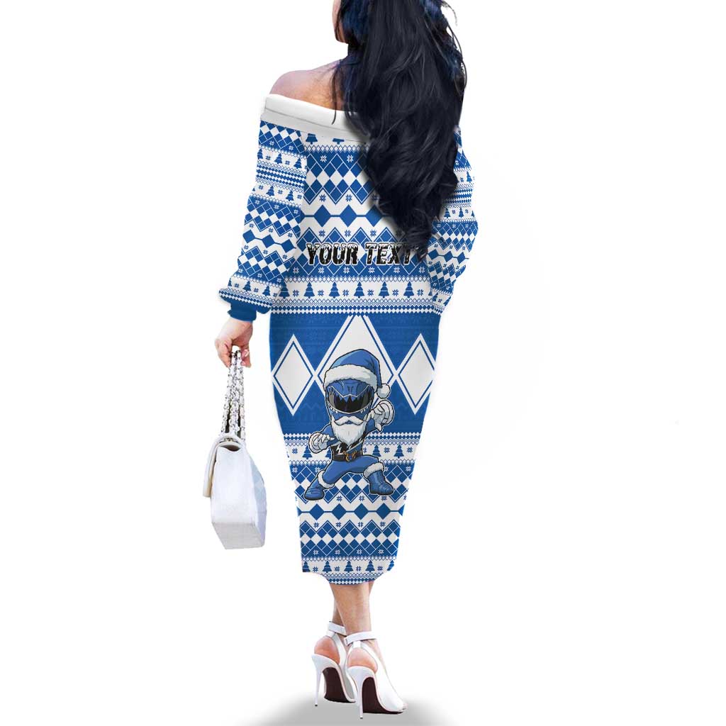 Personalized Power Blue Ranger Santa Claus Family Matching Off The Shoulder Long Sleeve Dress and Hawaiian Shirt Funny Christmas - Wonder Print Shop