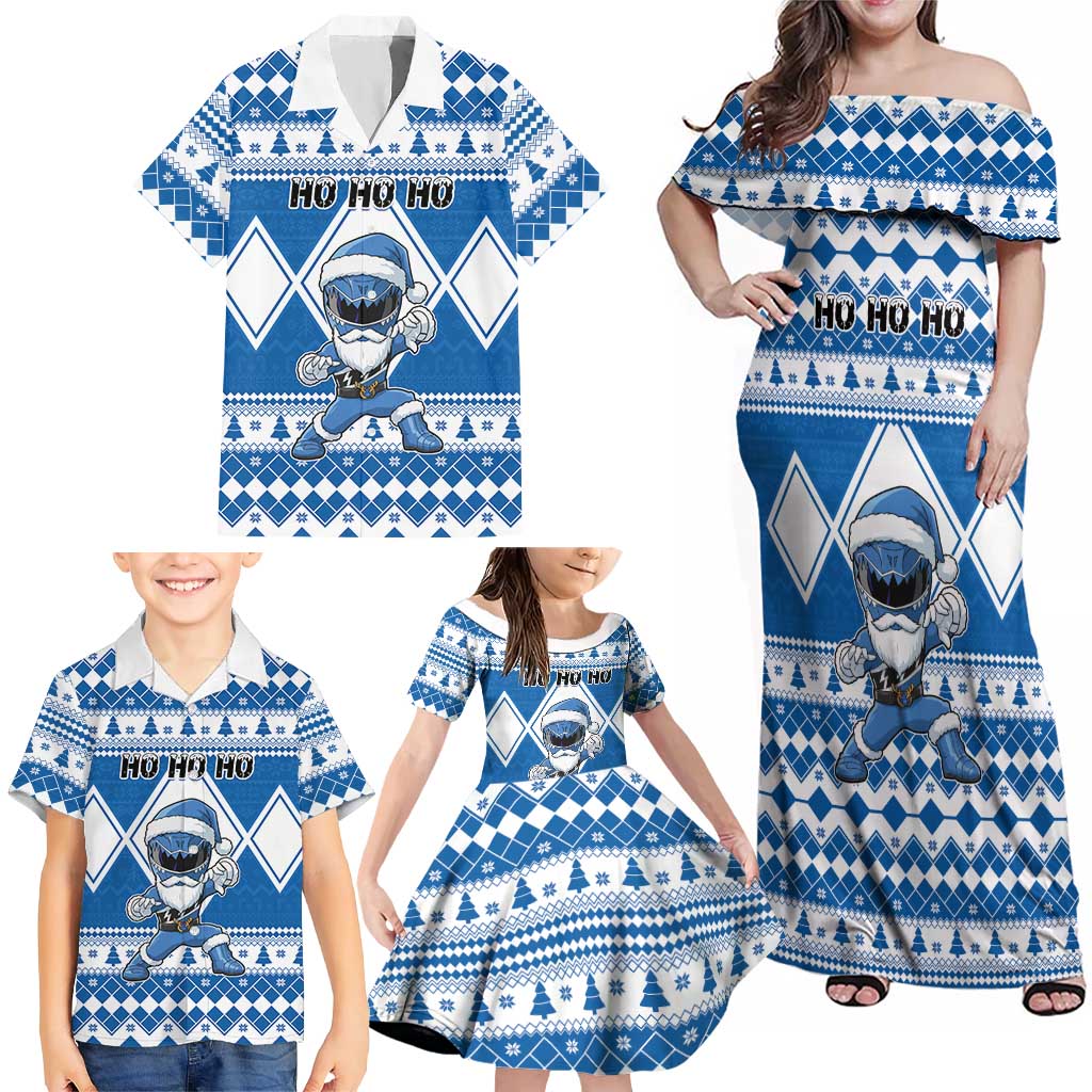 Personalized Power Blue Ranger Santa Claus Family Matching Off Shoulder Maxi Dress and Hawaiian Shirt Funny Christmas - Wonder Print Shop