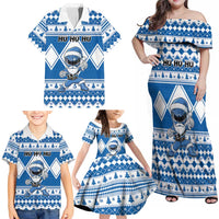 Personalized Power Blue Ranger Santa Claus Family Matching Off Shoulder Maxi Dress and Hawaiian Shirt Funny Christmas - Wonder Print Shop