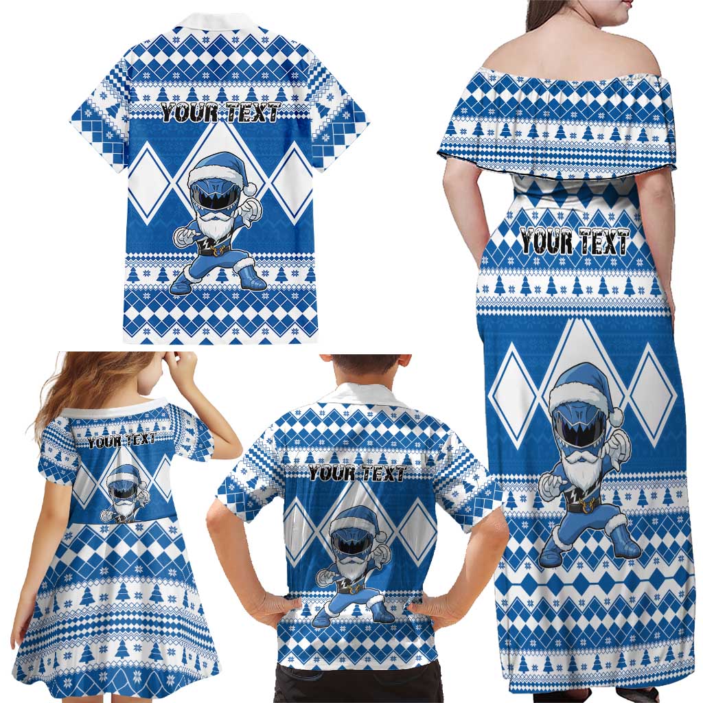 Personalized Power Blue Ranger Santa Claus Family Matching Off Shoulder Maxi Dress and Hawaiian Shirt Funny Christmas - Wonder Print Shop