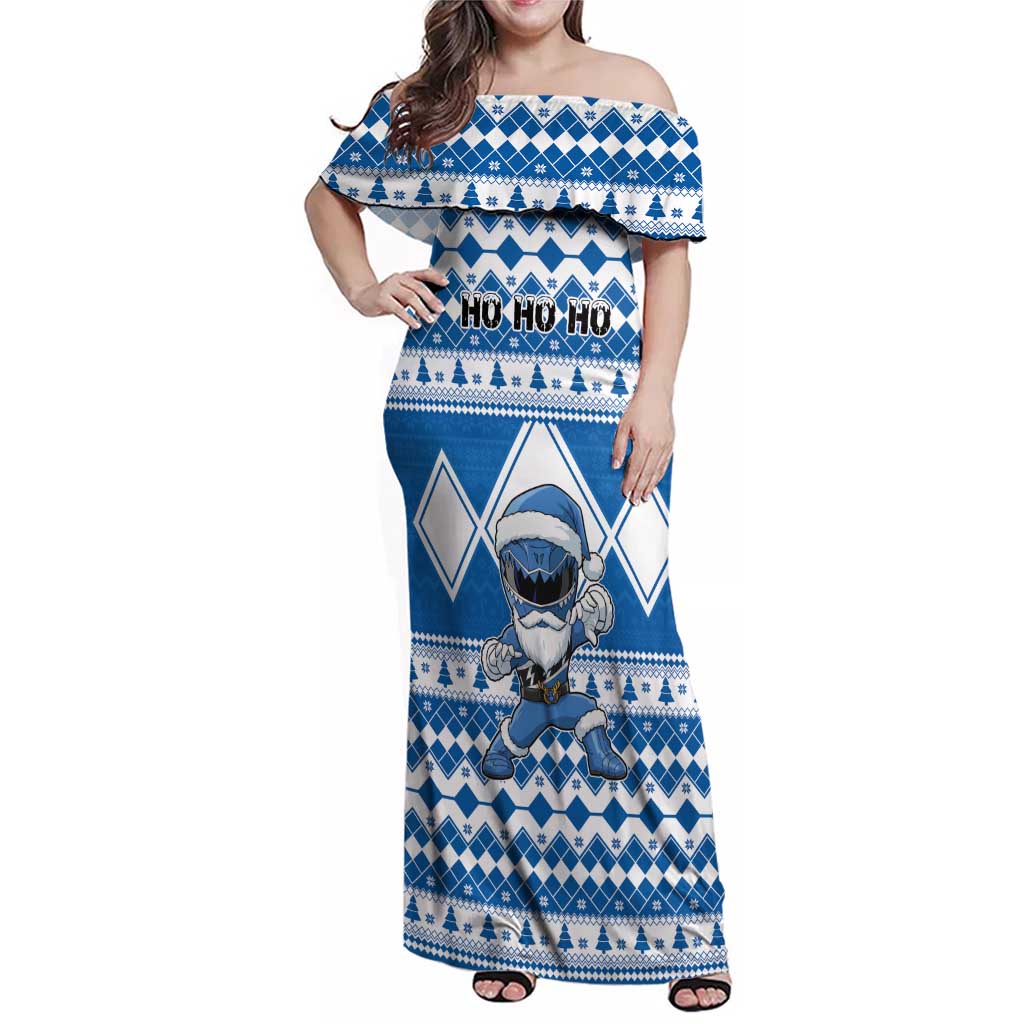 Personalized Power Blue Ranger Santa Claus Family Matching Off Shoulder Maxi Dress and Hawaiian Shirt Funny Christmas - Wonder Print Shop