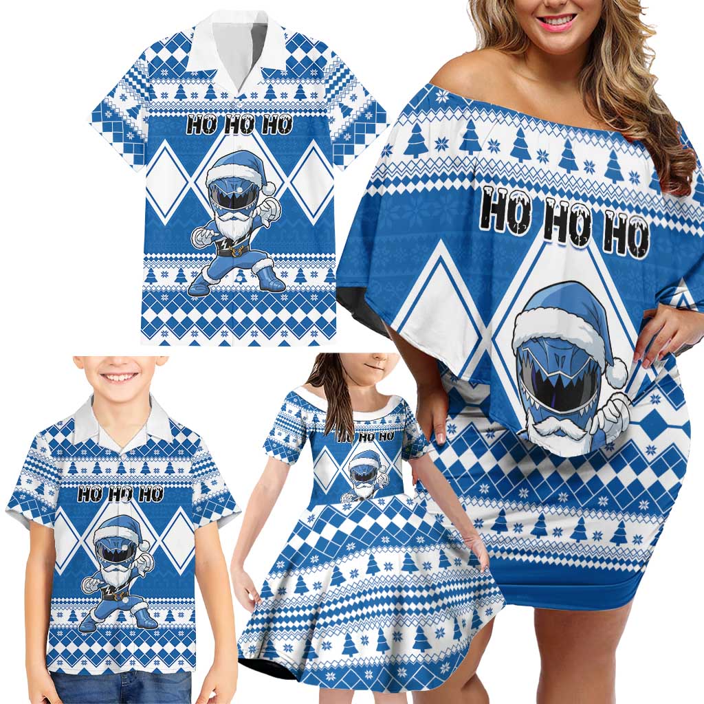 Personalized Power Blue Ranger Santa Claus Family Matching Off Shoulder Short Dress and Hawaiian Shirt Funny Christmas - Wonder Print Shop