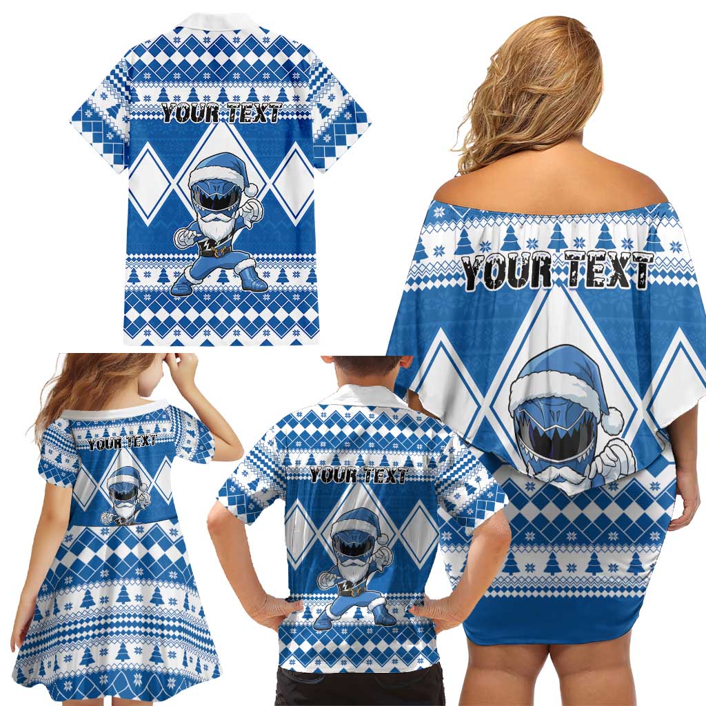 Personalized Power Blue Ranger Santa Claus Family Matching Off Shoulder Short Dress and Hawaiian Shirt Funny Christmas - Wonder Print Shop