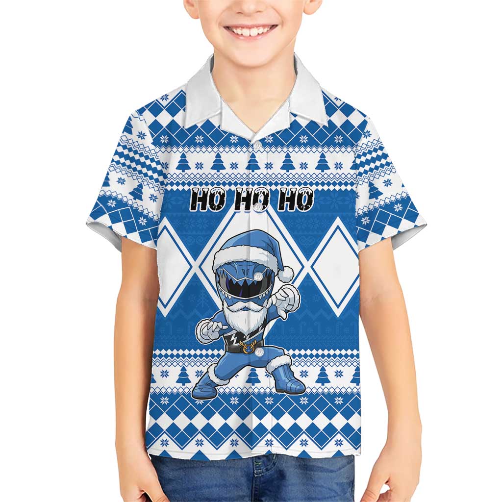 Personalized Power Blue Ranger Santa Claus Family Matching Off Shoulder Short Dress and Hawaiian Shirt Funny Christmas - Wonder Print Shop