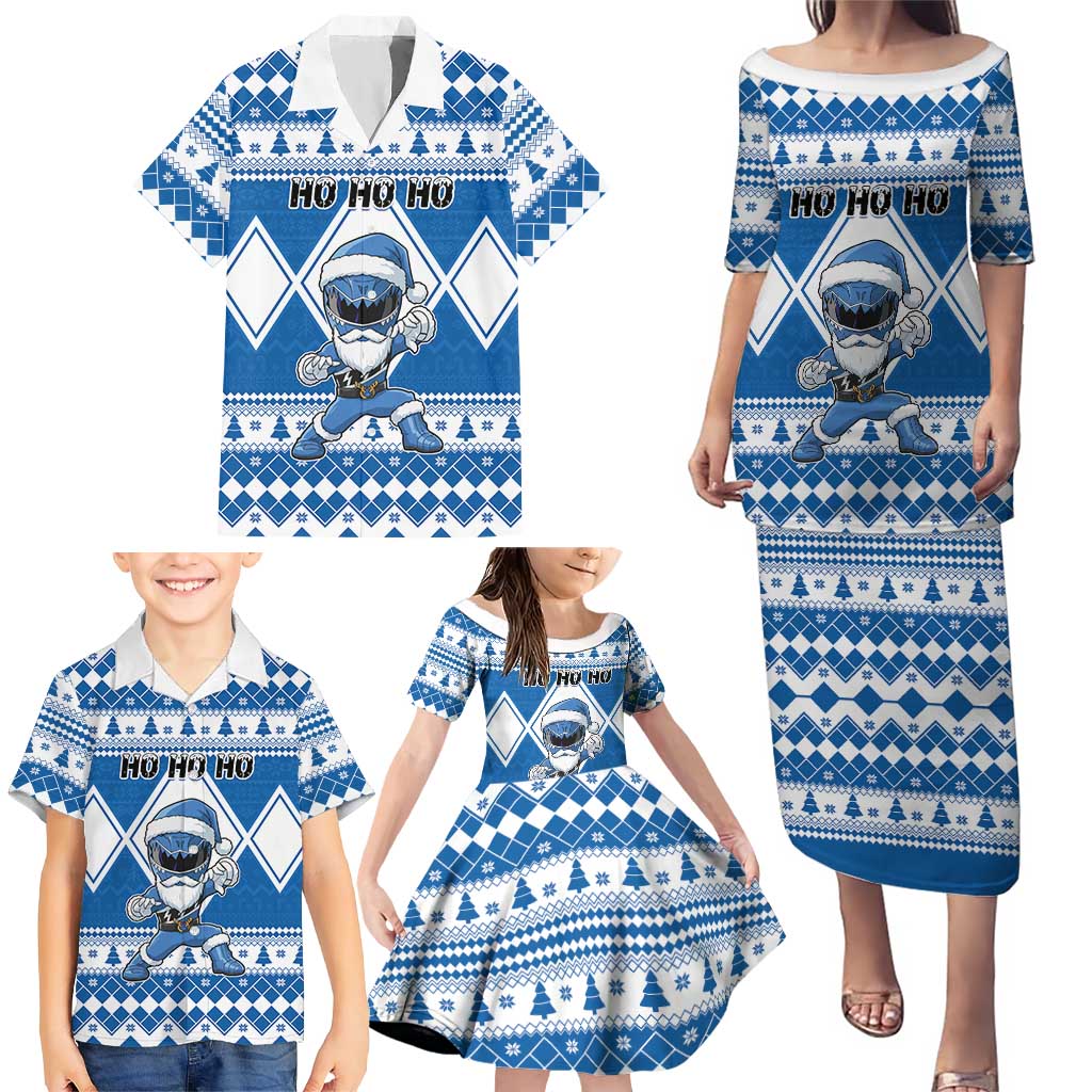 Personalized Power Blue Ranger Santa Claus Family Matching Puletasi and Hawaiian Shirt Funny Christmas - Wonder Print Shop