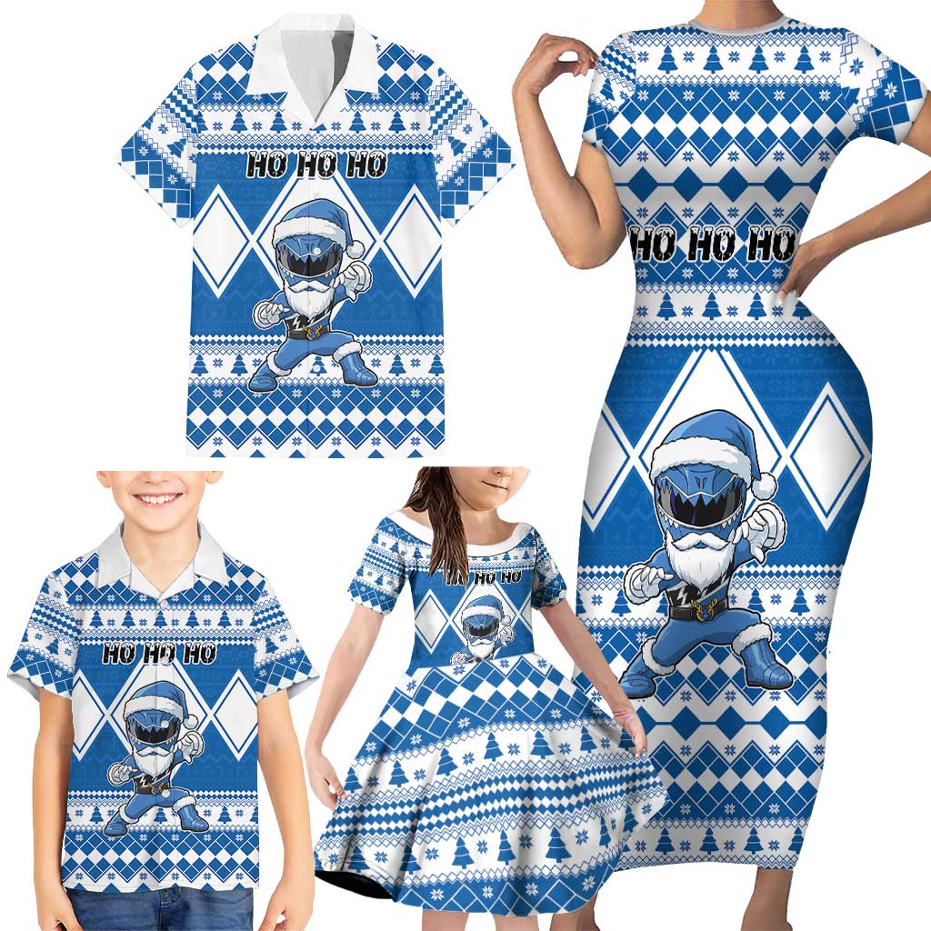 Personalized Power Blue Ranger Santa Claus Family Matching Short Sleeve Bodycon Dress and Hawaiian Shirt Funny Christmas - Wonder Print Shop