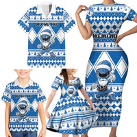 Personalized Power Blue Ranger Santa Claus Family Matching Short Sleeve Bodycon Dress and Hawaiian Shirt Funny Christmas - Wonder Print Shop