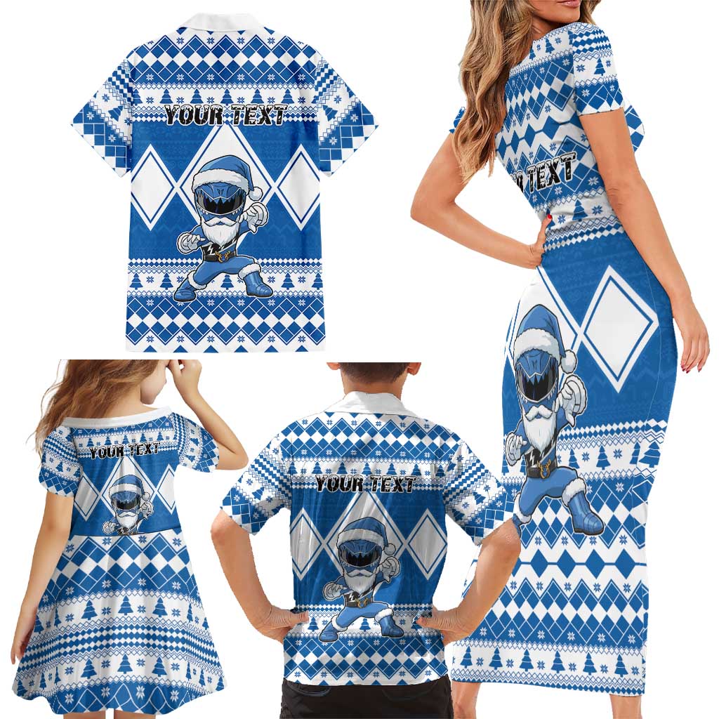 Personalized Power Blue Ranger Santa Claus Family Matching Short Sleeve Bodycon Dress and Hawaiian Shirt Funny Christmas - Wonder Print Shop