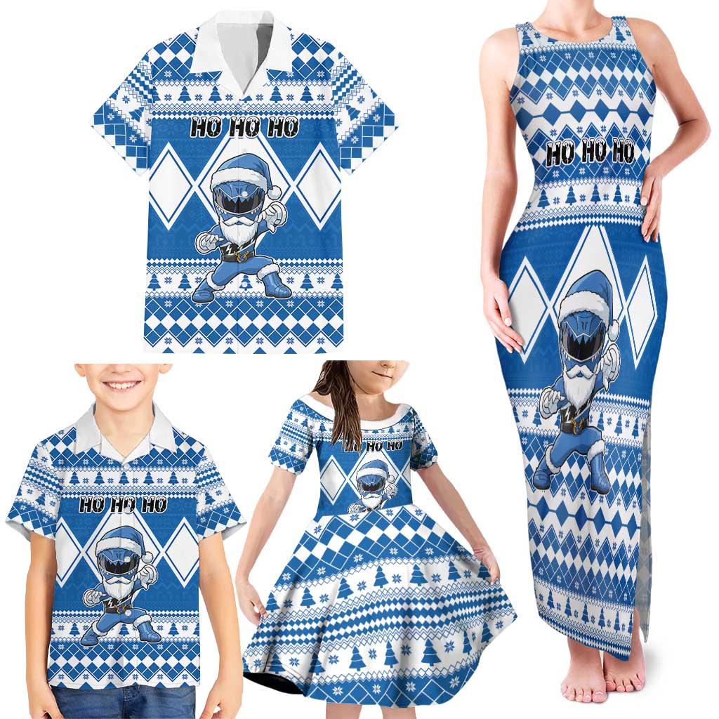 Personalized Power Blue Ranger Santa Claus Family Matching Tank Maxi Dress and Hawaiian Shirt Funny Christmas - Wonder Print Shop