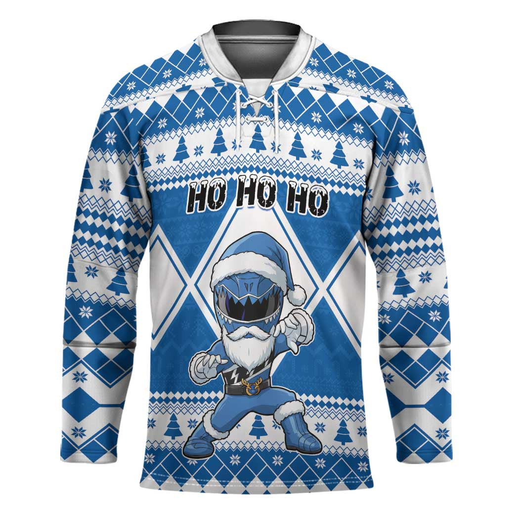 Personalized Power Blue Ranger Santa Claus Hockey Jersey Funny Christmas - Wonder Print Shop