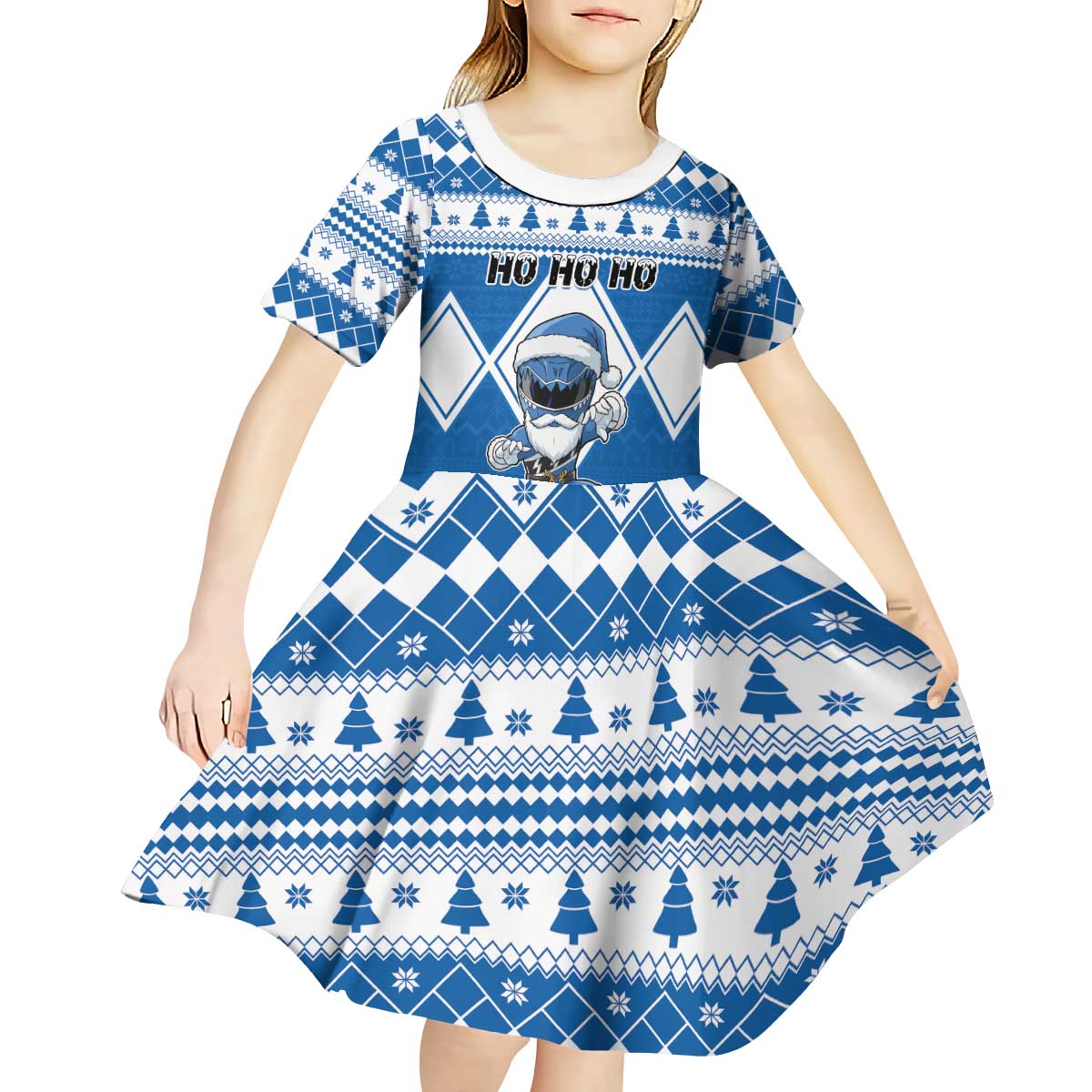Personalized Power Blue Ranger Santa Claus Kid Short Sleeve Dress Funny Christmas - Wonder Print Shop