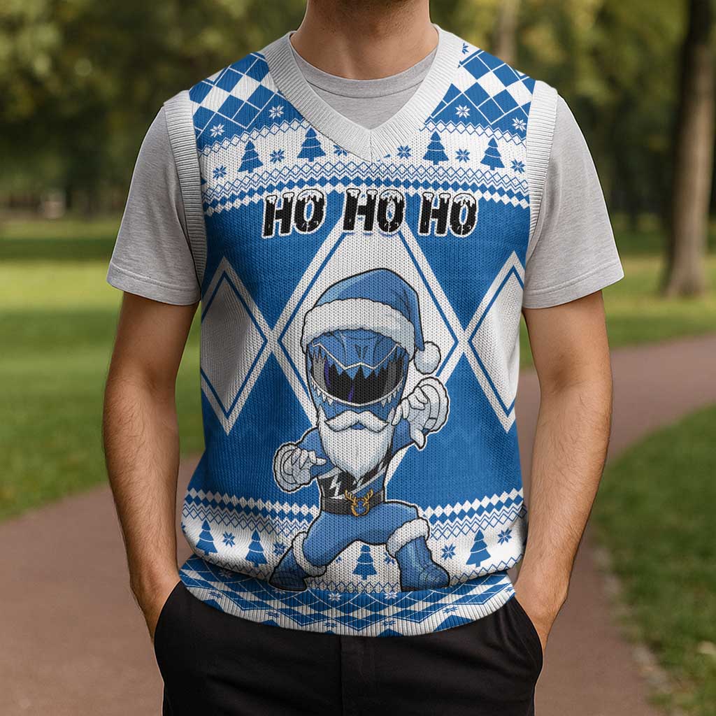 Power Blue Ranger Santa Claus Christmas Knitted V-Neck Vest Funny Christmas - Wonder Print Shop