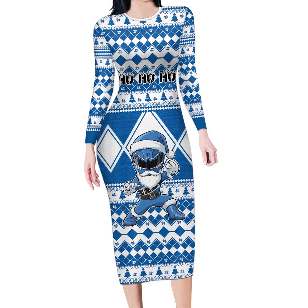 Personalized Power Blue Ranger Santa Claus Long Sleeve Bodycon Dress Funny Christmas - Wonder Print Shop