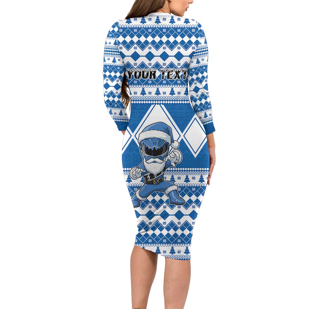 Personalized Power Blue Ranger Santa Claus Long Sleeve Bodycon Dress Funny Christmas - Wonder Print Shop