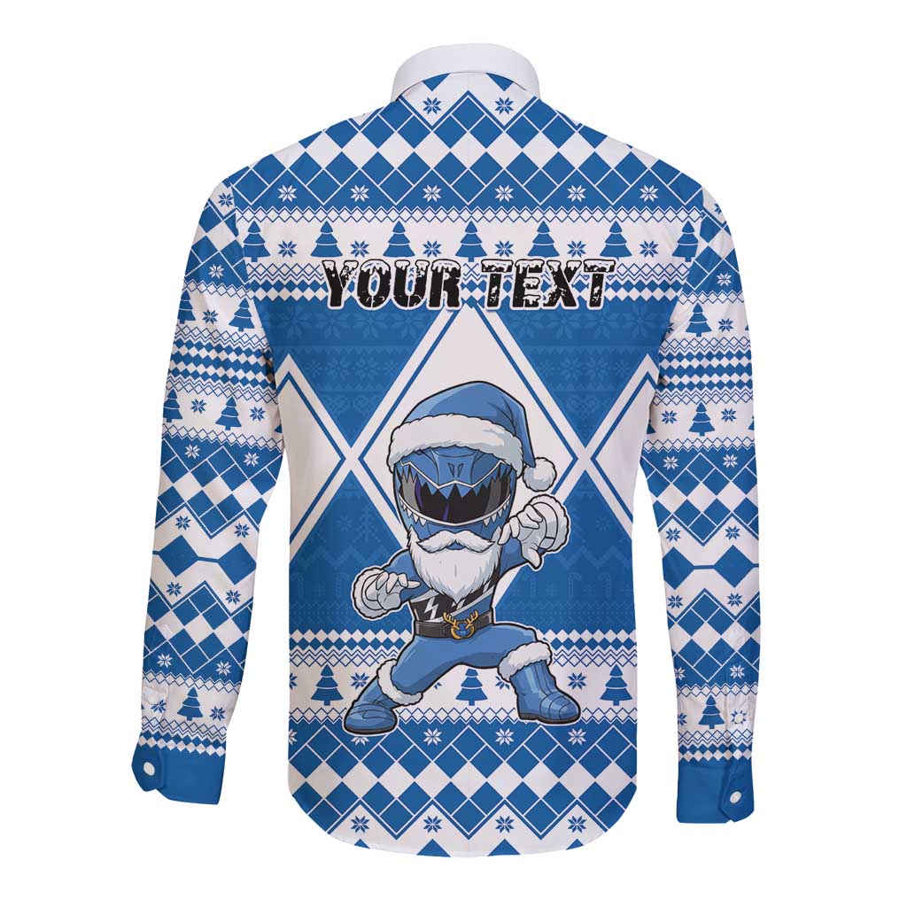 Personalized Power Blue Ranger Santa Claus Long Sleeve Button Shirt Funny Christmas - Wonder Print Shop