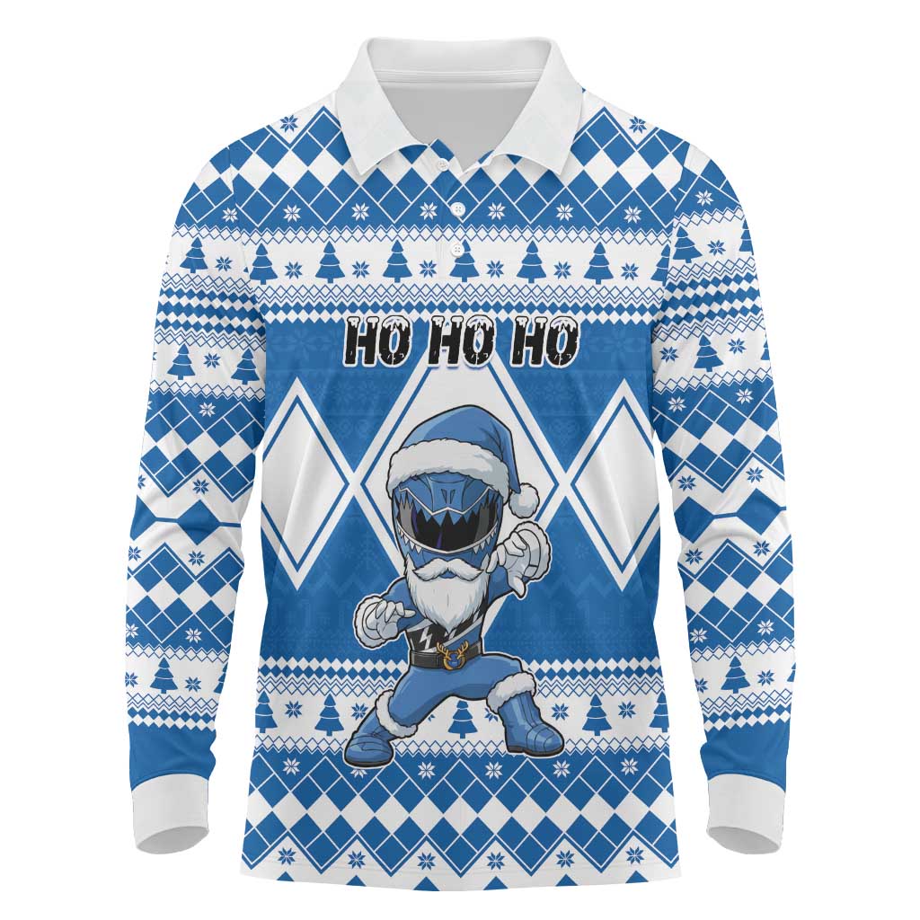 Personalized Power Blue Ranger Santa Claus Long Sleeve Polo Shirt Funny Christmas - Wonder Print Shop