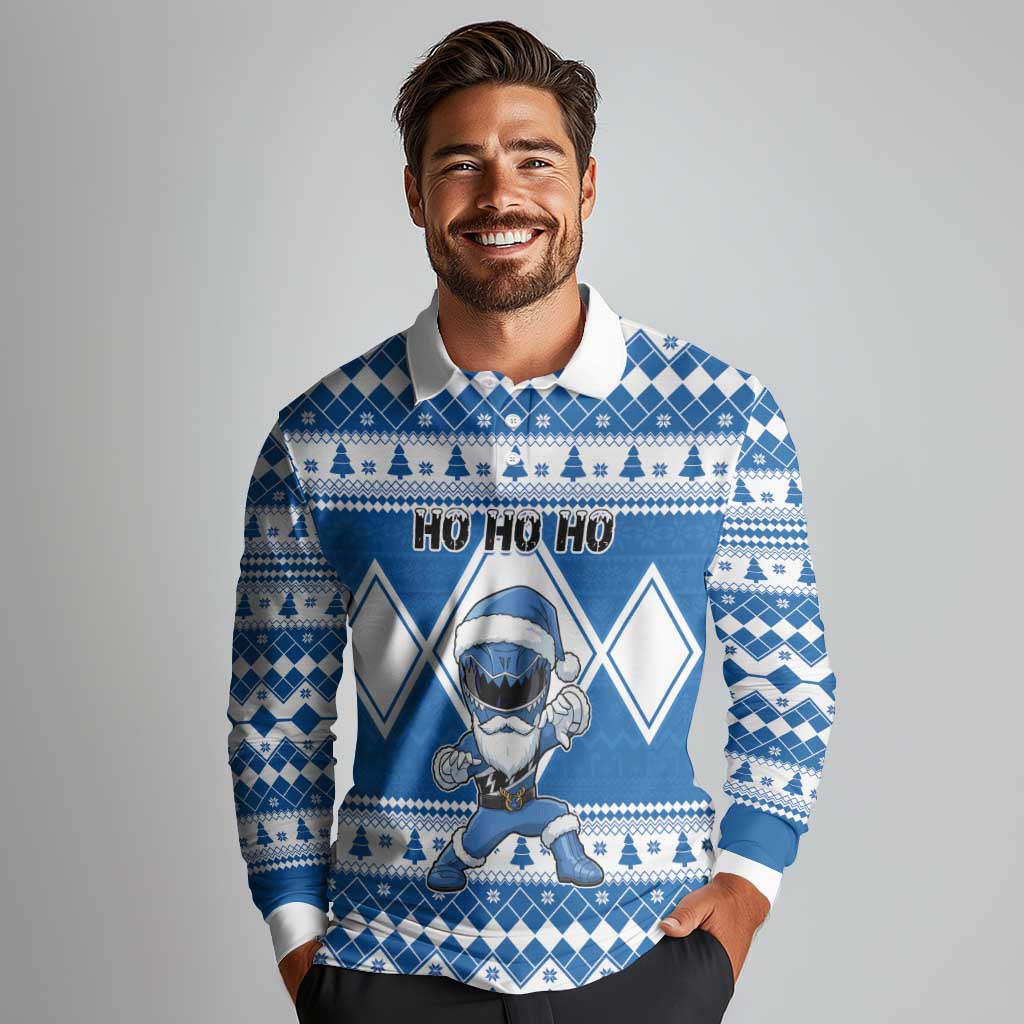 Personalized Power Blue Ranger Santa Claus Long Sleeve Polo Shirt Funny Christmas - Wonder Print Shop
