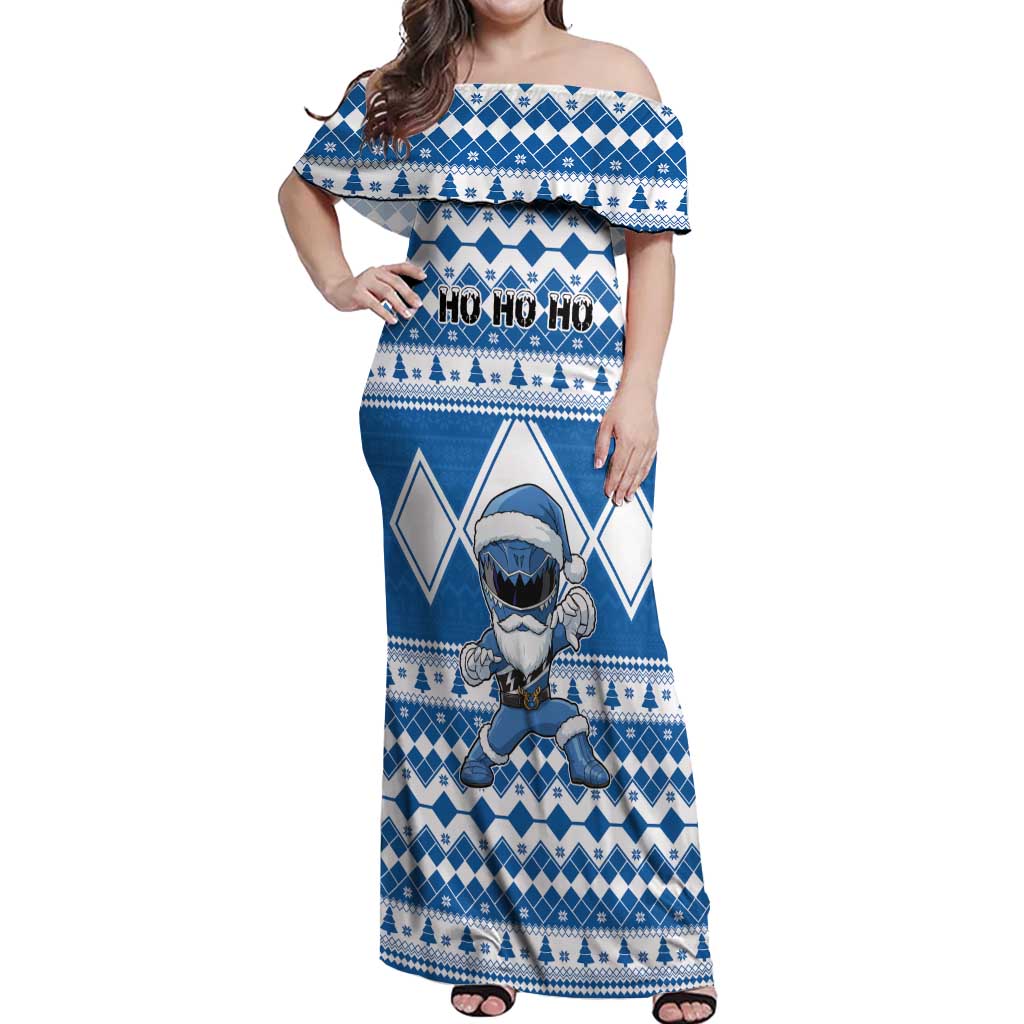 Personalized Power Blue Ranger Santa Claus Off Shoulder Maxi Dress Funny Christmas - Wonder Print Shop